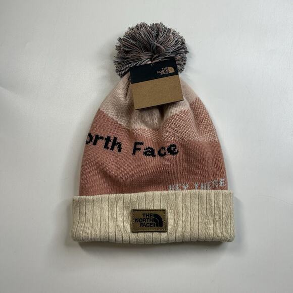 The North Face Pom Pom Beanie Hat Pink Clay One Size Recycling Winter - Picture 1 of 6